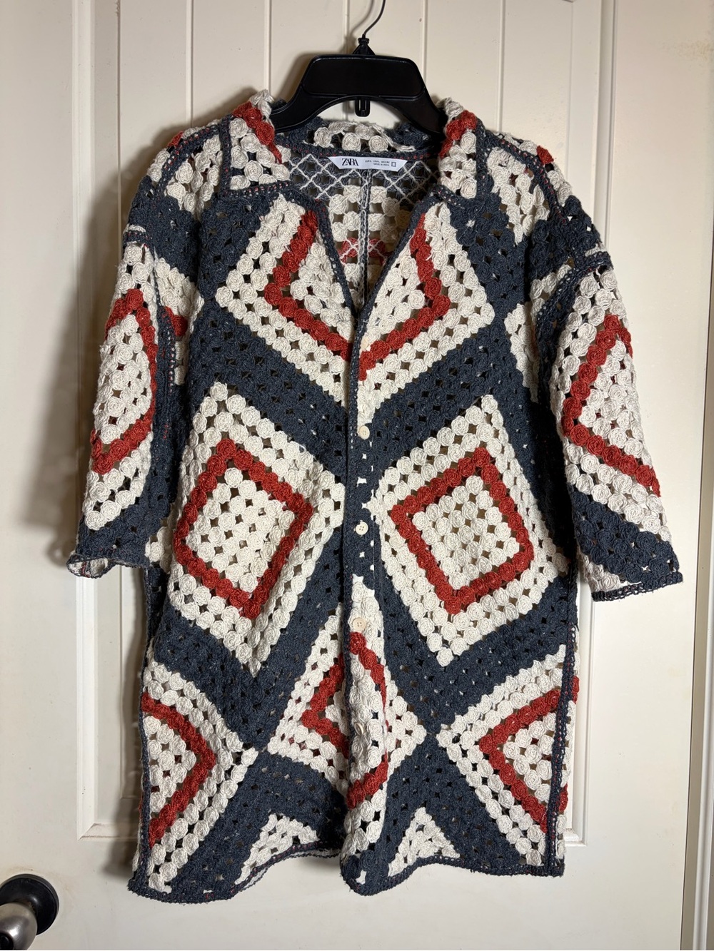 ZARA Crochet Hooded Coat in Navy, Cream & Orange